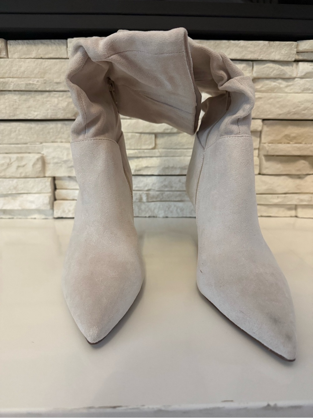 Women Suede Pointed-Toe Slouch Boot in Light Beige